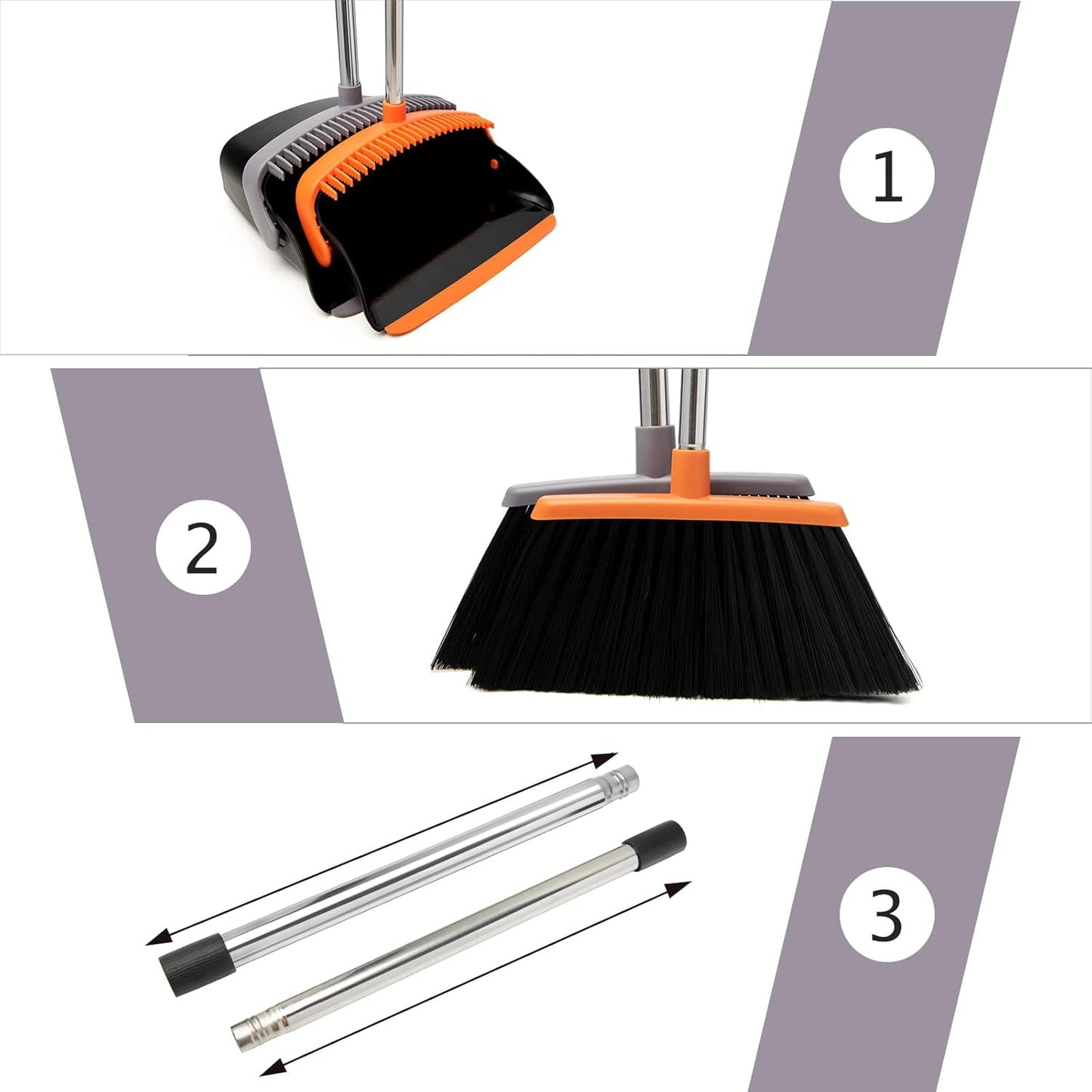 Broom and Dustpan Set with Long Handle, Light Weight Stainless Steel Poles Stand Upright Dustpans with Broom Combo for Home Kitchen Office Pet Dog Hair, Brown & Beige Color, 1-Pack