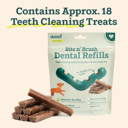 WOOF - Bite n' Brush Refills Treats for the Dog Toothbrush Toy - Scrub Plaque and Tartar from Your Dog's Teeth and Mouth - Dog Dental Sticks - 36 Refills - Beef - 2 Pack