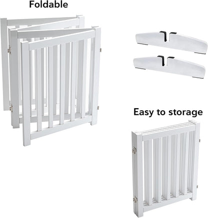 LZRS 2-Panel Wooden Free Standing Foldable Dog Gate Indoor – Solid Hardwood 24" High, Step-Over Safety Pet Gate for Doorways, Stairs & Small Spaces - Indoor Use, White