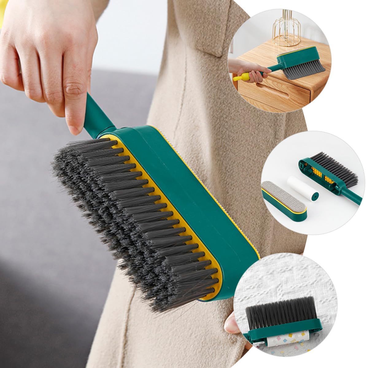 MAGICLULU Multi-use 3-in-1 Pet Hair Removal Broom with Long Handle and Soft Bristles, Electrostatic Dusting Brush for Household Cleaning and Bed Dusting, 1pcs Green and Gray Handheld