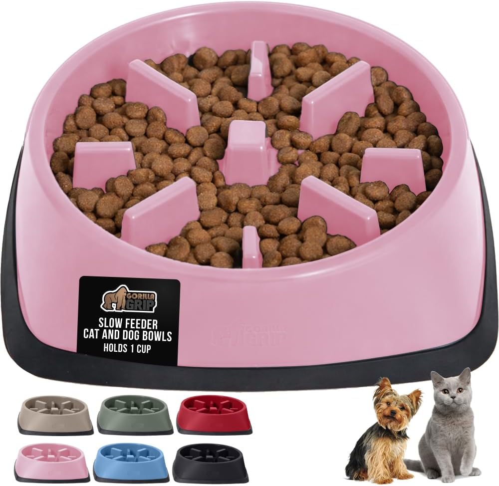 GORILLA GRIP® Patented BPA Free Slow Feeder Dog Bowls, Interactive Puzzle Toy for Dogs and Cats Food Training Enrichment, Keeps Pets Busy and Prevents Puppy Overeating, Small Breeds, 1 Cup, Gray
