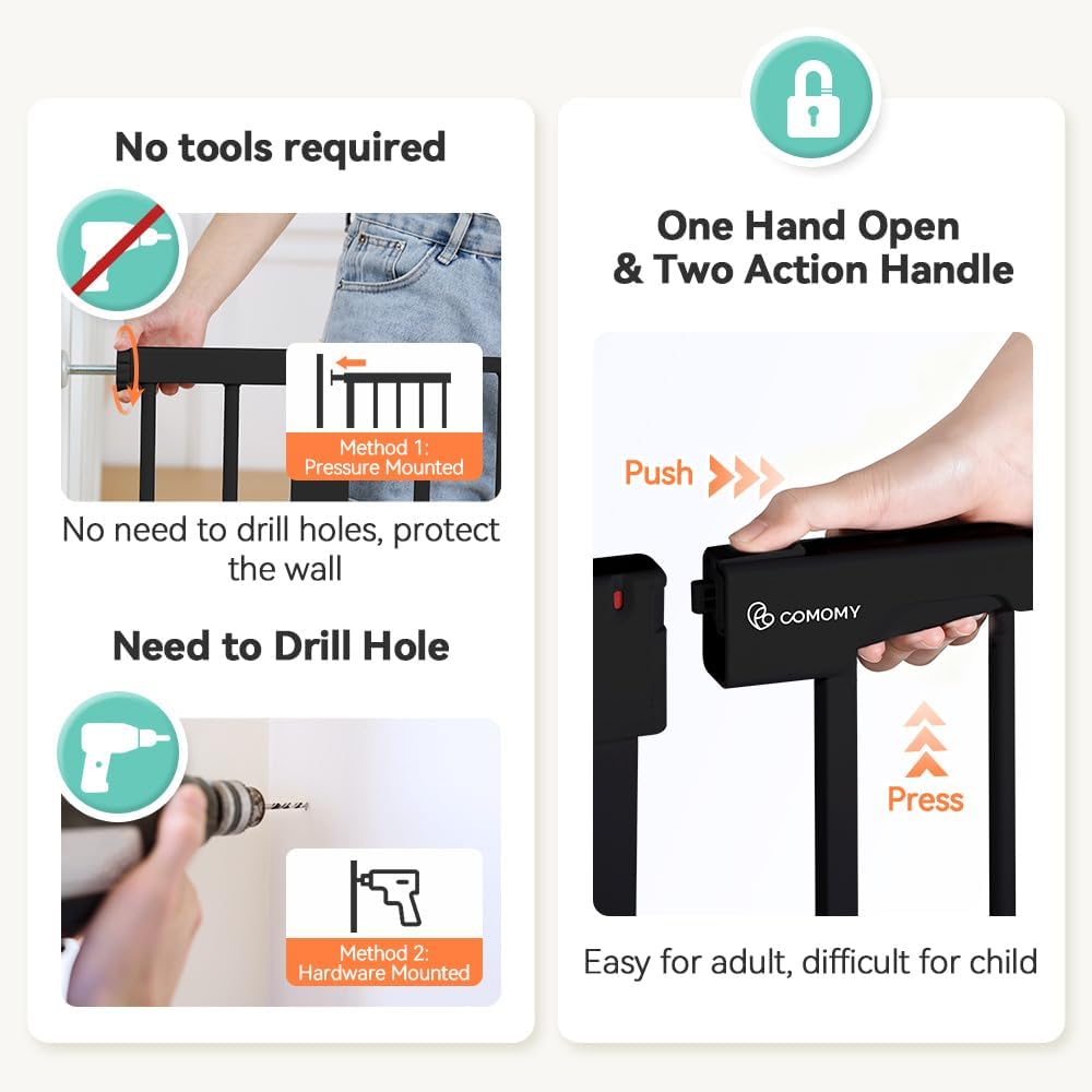 COMOMY 29.5-43.3" Safety Baby Gate Extra Wide, Auto Close Dog Gate for House Doorways Stairs, Pressure Mounted Easy Walk Through Pet Gate Child Gate, Includes 2.75" and 8.25" Extension, Black