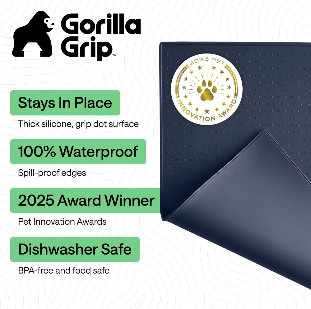GORILLA GRIP 100% Waterproof Raised Edge BPA Free Silicone Pet Feeding Mat, Dog Cat Food Mats Contain Spills Protects Floors, Placemats for Cats and Dogs Water Bowl, 18.5x11.5, Gray