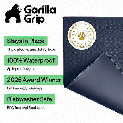 GORILLA GRIP 100% Waterproof Raised Edge BPA Free Silicone Pet Feeding Mat, Dog Cat Food Mats Contain Spills Protects Floors, Placemats for Cats and Dogs Water Bowl, 18.5x11.5, Gray