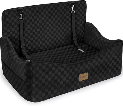 JOEJOY Elevated Dog Car Seat for Small/Medium Dogs up to 35 lbs, Memory Foam Booster Seat with Detachable Washable Cover, Travel-Safe Car Bed with Safety Belts & Storage Pockets, Grey