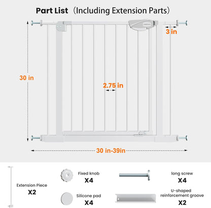Safety Gate for Stairs & Doorways, Auto-Close Baby Gate or Dog Gate – Pressure Mount No Drilling, 30" Tall All Metal Frame with Dual Locking System (White, 30" Tall 29"-33" Wide)