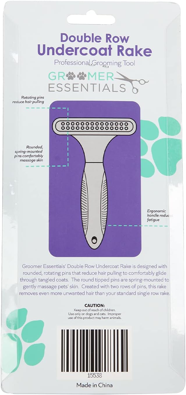 GROOMER ESSENTIALS Dematting Brush for Dogs, Double Row Undercoat Fur Rake, Effective Deshedding Rake for Thick Coats, Professional Pet Grooming Tool