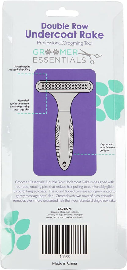 GROOMER ESSENTIALS Dematting Brush for Dogs, Double Row Undercoat Fur Rake, Effective Deshedding Rake for Thick Coats, Professional Pet Grooming Tool