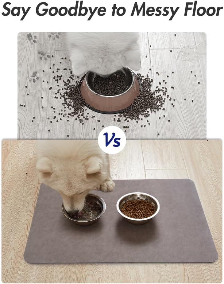 MontVoo Dog Food Mat-Pet Feeding Mat for Food and Water-No Stains Quick Dry Dispenser Cat Bowl Mat for Messy Drinkers(12"x19" Dark Grey)