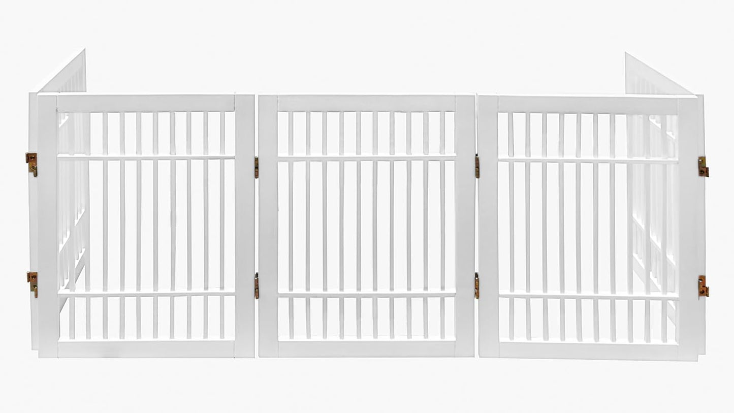 Urnporium Freestanding Wooden Dog Gate for Doorways – Foldable Acacia Wood Pet Gate, No Drill Portable Indoor/Outdoor Puppy Fence Barrier (White Pet Gate, 3 Panel 24" Tall)