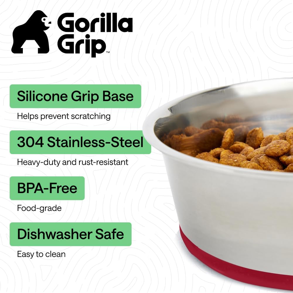 GORILLA GRIP Dog Bowls, Food Grade 304 Stainless Steel, Holds 2 Cups Each (16 fl oz) Food and Water Bowl for Feeding Dogs and Cats, Dishwasher Safe, Rust Resistant, BPA Free Rubber Base Set of 2 Black