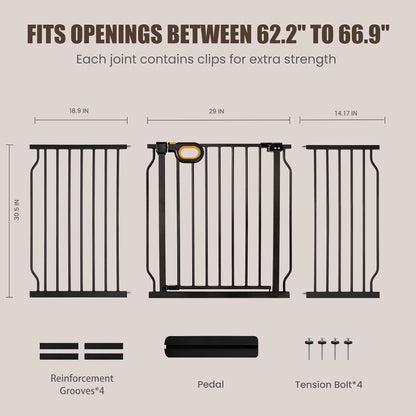 Extra Wide Baby Gate with Door Pressure Mounted 57.5-62.2 Inch,Child Dog Baby Safety Gates for Doorways,Walk Through Dog Gate Indoor for The House Kitchen Stairs No Drilling,Black