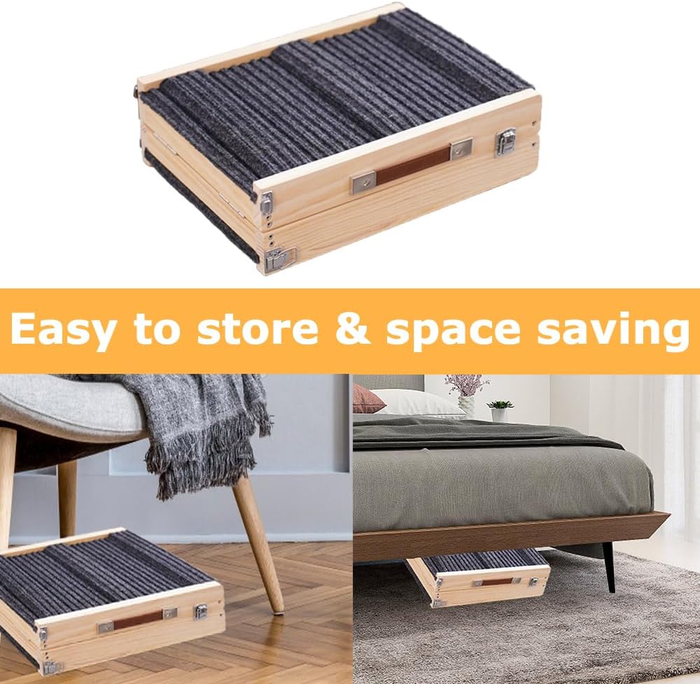 Adjustable Dog Ramp, Portable Folding Pet Ramp, 32" Long Wooden Pet Ramp for Bed with Non-Slip Traction Mat for Small Dogs, Dog Climbing Ladder for Sofa, Bed, Couch, Car (LGPT1, Gray)