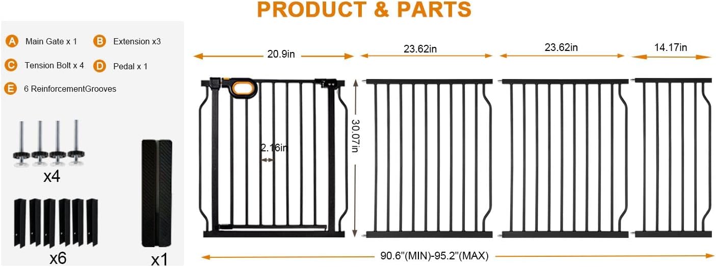 Baby Gates Extra Wide for Large Opennings with Door Pressure Mounted 90.6-95.2 Inch Extra Wide Baby Gate Dog gate for Doorways Indoor Metal Gate No Drilling with Walk-Through Door,White