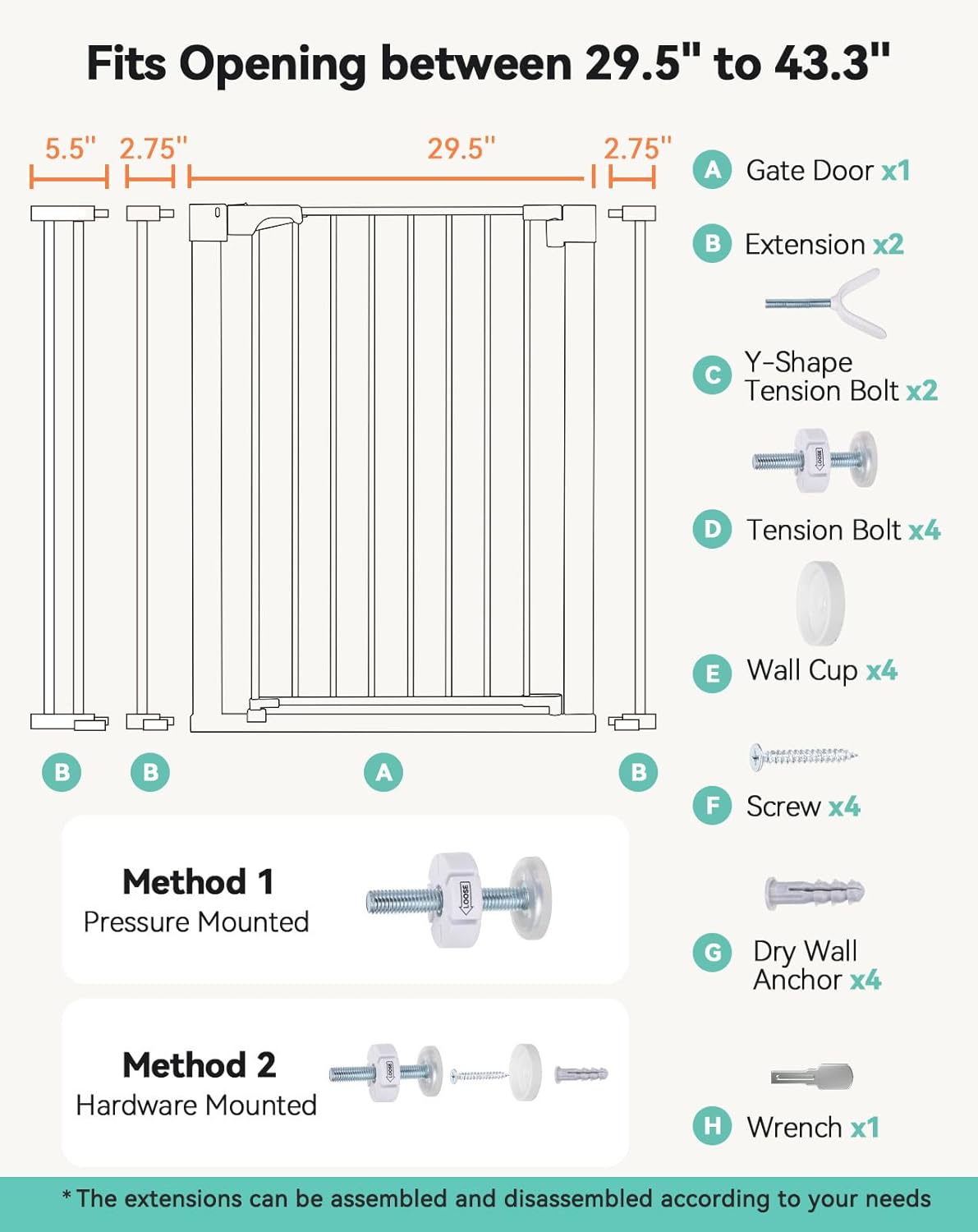 COMOMY 36" Extra Tall Baby Gate for Stairs and Doorways - Fits 29.5" to 48.8" Wide Openings, Auto Close Extra Wide Dog Gate for House, Pressure Mounted Easy Walk Through Pet With Door, Black