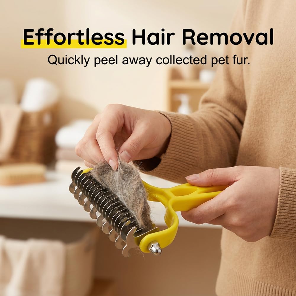 Double Sided Dematting Comb for Cats & Dogs, Undercoat Rake, Safe Deshedding Grooming Tool, Gentle Matt Remover Detangler for Long Thick Haired Pets, Ergonomic Pet Grooming Brush (Black)