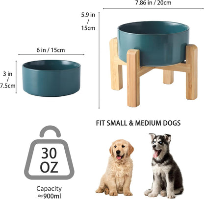 6'' Ceramic Raised Dog Bowl - 30Oz Dog Food & Water Bowl with Elevated Non-Slip Bamboo Stand, Dishwasher & Microwave Safe, Anti Vomiting Heavy Duty Pet Bowl for Small and Medium Dogs, White