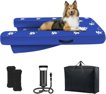 Inflatable Dock Platform, Medium Dog Boat Ramp Floating Non-Slip Oxford and PVC with Small Water Ramp for Dogs Pool, Dock, Lake with Traction Rope, Manual Air Pump (3.2ft x 2.2ft x 4in) M01