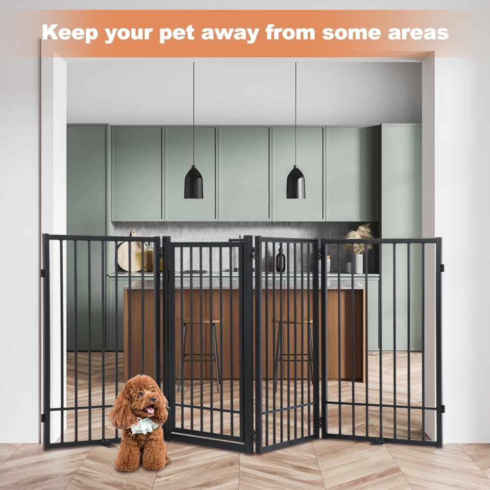 SMONTER Freestanding Dog Gate with Door Walk Through, 80.5'' Extra Wide Indoor Dog Fence, 31.5'' Height 4 Panels Foldable Metal Pet Puppy Gate for Stairs, Hallways, Doorway
