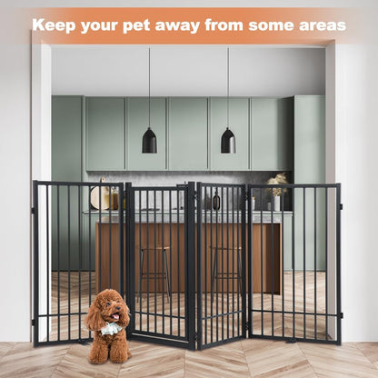 SMONTER Freestanding Dog Gate with Door Walk Through, 80.5'' Extra Wide Indoor Dog Fence, 31.5'' Height 4 Panels Foldable Metal Pet Puppy Gate for Stairs, Hallways, Doorway
