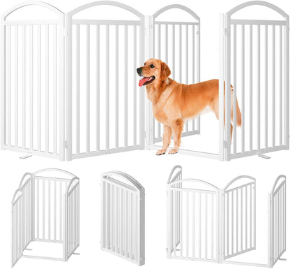 SNUOWU 4 Panels Full Matel Freestanding Dog Gates with Door, 96"Extra Wide 32"Tall Free Standing Dog Pet Gate for Indoor & Outdoor. Foldable Pet Fences for Doorways, House, Stairs, Porch, Deck, Yard