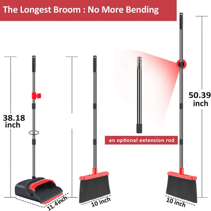 Upgrade Broom and Dustpan Set, Self-Cleaning with Dustpan Teeth, Indoor&Outdoor Sweeping, Ideal for Dog Cat Pets Home Use, Stand Up Broom and Dustpan (Gray&Orange)