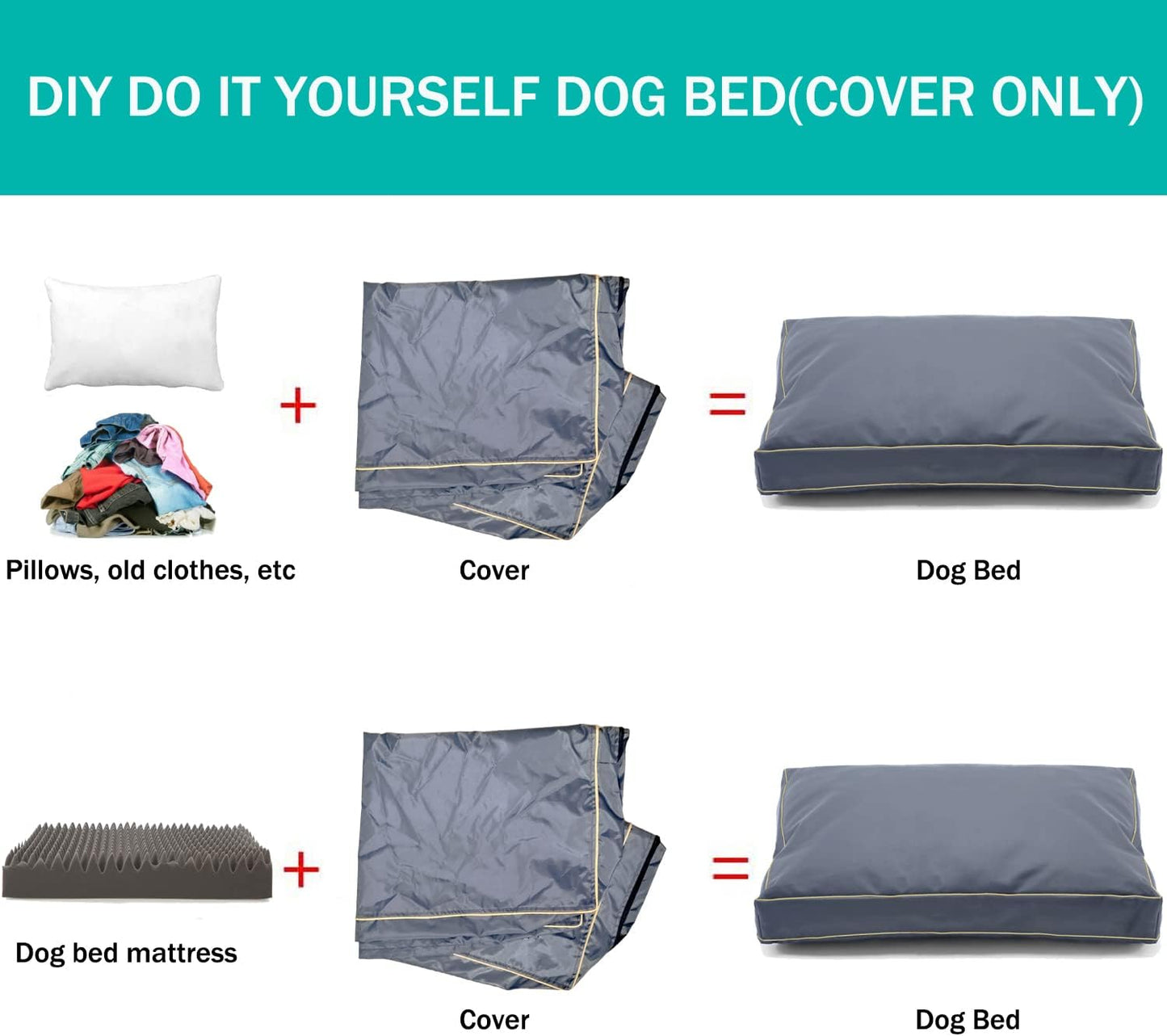 Dog Bed Cover,Waterproof Tough Plastic DIY Pet Bed Cover,Non Stick Hair Easy to Clean Rectangular Fillable Dog Bed Covers with Zipper(Dark Grey,44" L x 32" W x 4" Th,Cover Only)