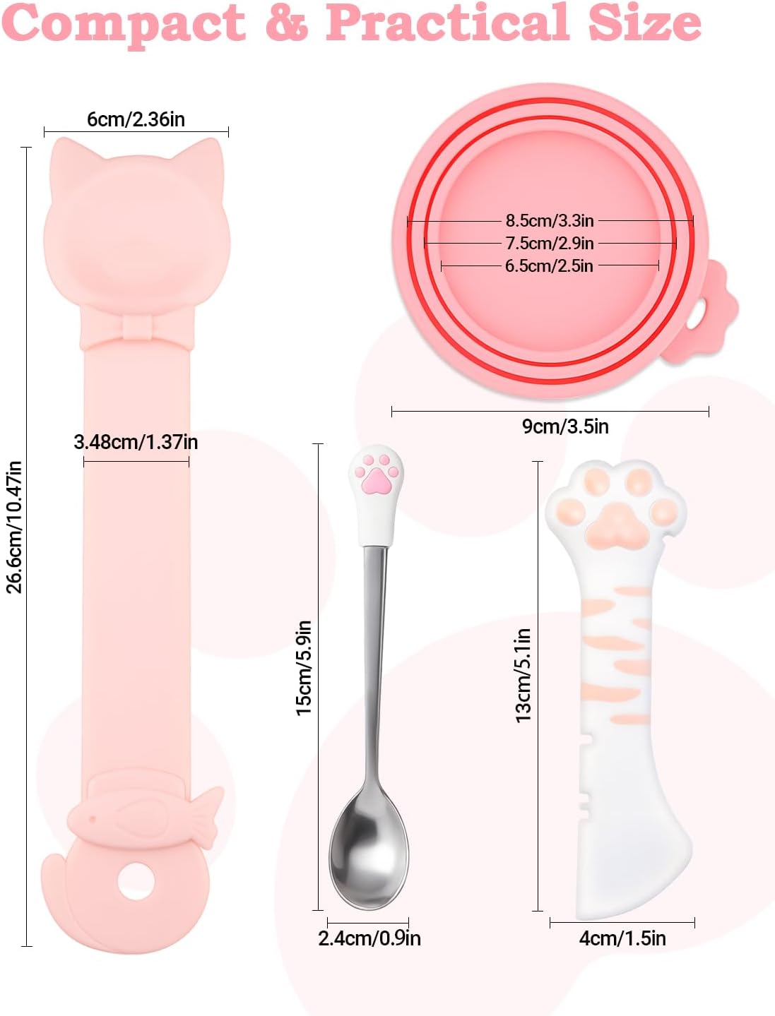 6 PCS Cat Food Can Covers Set, Reusable Silicone Can Lids with Opener, Stainless Steel Wet Food Spoon & Cat Treat Squeezer for Pet Feeding and Storage, Fits Cats & Dogs