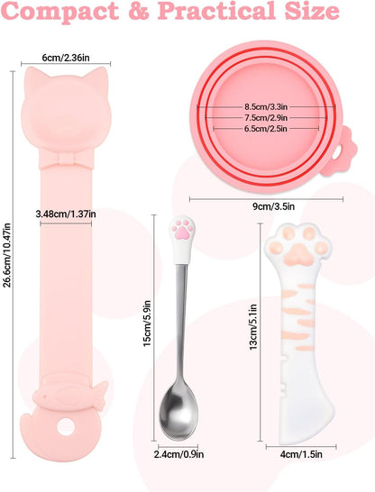 6 PCS Cat Food Can Covers Set, Reusable Silicone Can Lids with Opener, Stainless Steel Wet Food Spoon & Cat Treat Squeezer for Pet Feeding and Storage, Fits Cats & Dogs