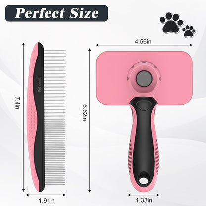 2PCS Self Cleaning Slicker Brush & Dog Comb - Skin Friendly Deshedding Grooming Tool for Dogs, Cats and Small Animals, Professional Deshedding Dematting Tool for Long and Short Haired Pets (Pink)