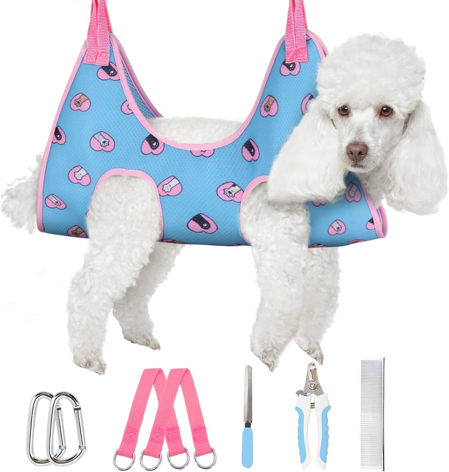 Supet Dog Grooming Hammock Harness for Dogs Cats, Relaxation Pet Nail Clipper Hammock, Restraint Dog & Small Animal Leashes Sling for Groomingk for Nail Trimming (Coral Blue, S)