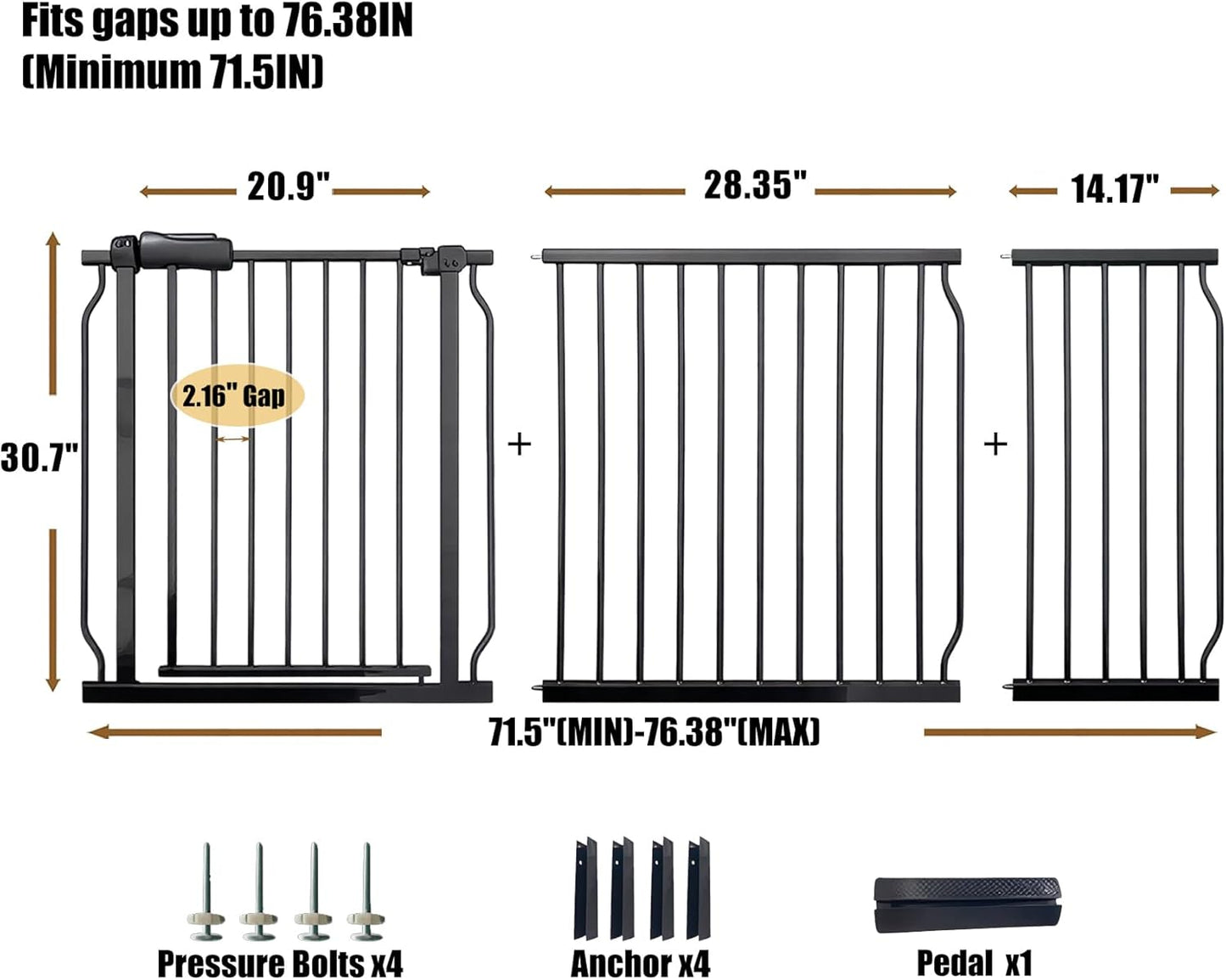 Extra Wide 76.4-81 Inch Large Baby Gates for Stairs, Doorways - No Drilling, Pressure Mounted Pet Gates for Kids & Dogs