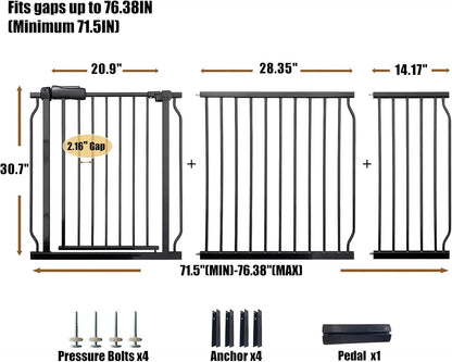 Extra Wide 76.4-81 Inch Large Baby Gates for Stairs, Doorways - No Drilling, Pressure Mounted Pet Gates for Kids & Dogs