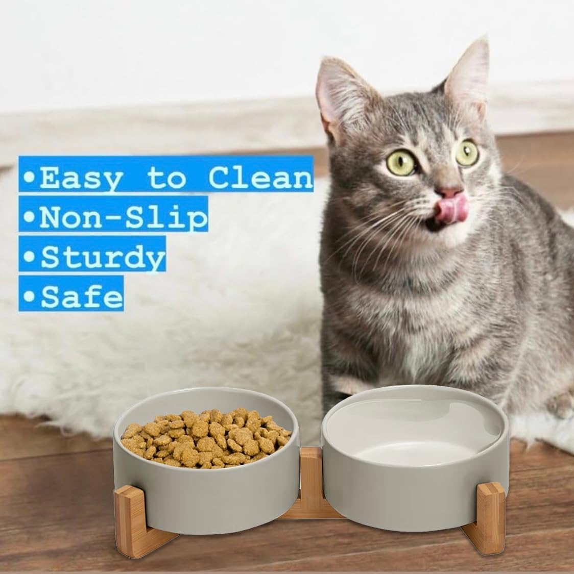 Ceramic Cat and Small Dog Bowl Set – Modern Indoor Small Size Pet Food and Water Bowls with Wood Stand – Non Slip Puppy Sized Feeding Station with Double Dishes (Gray)