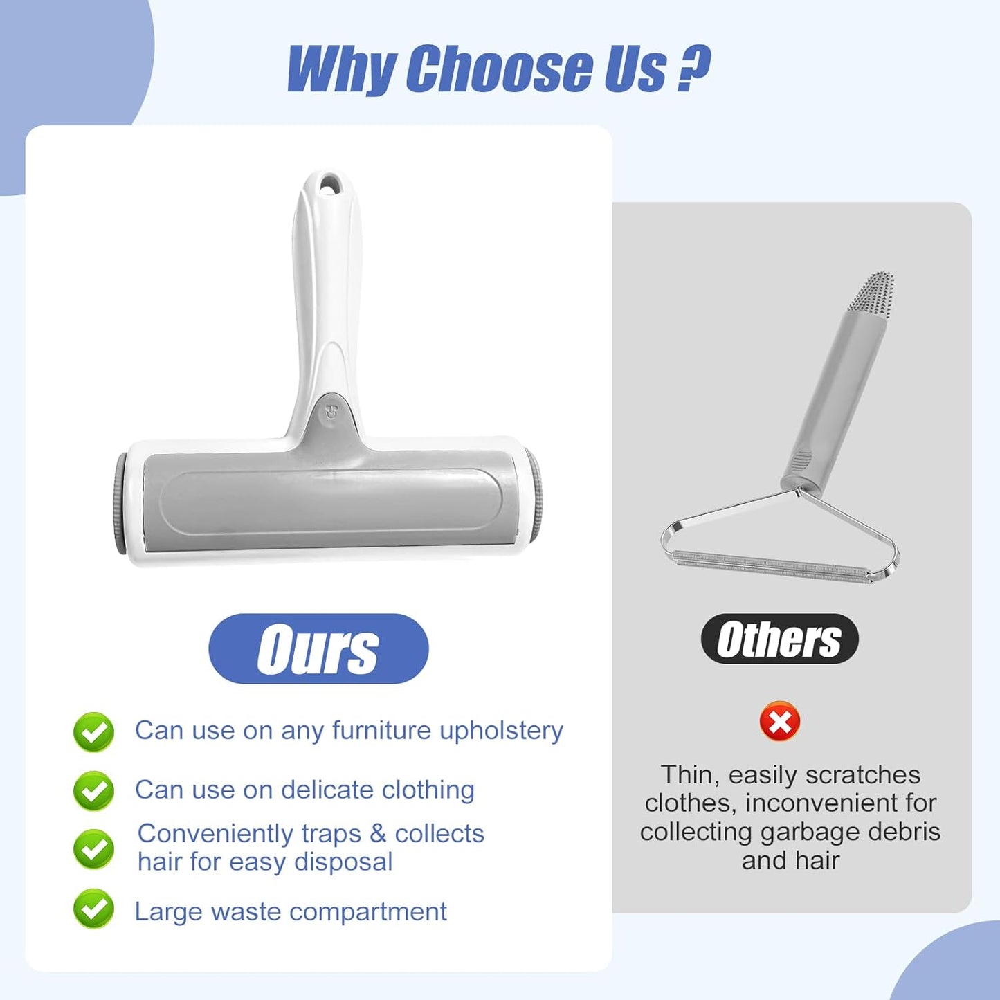 Roller Pet Hair Remover – Reusable Lint Roller for Dog & Cat Hair on Furniture, Couch, Carpet, Rugs, Bedding & Car – Portable, Eco-Friendly (White Gray)