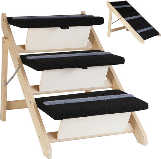 2-in-1 Indoor Pet Ramp, Wooden Folding 3-Tier Pet Stairs with Non-Slip Carpeted Steps, Ramp Perfect for Bed and Couch