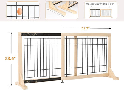 Extra Wide Freestanding Dog Gate, Adjustable Width 31.5"–61", 19.7" Tall Indoor Pet Gate for Kitchen, Living Room & Stairs, Wooden Metal Frame No-Drill Pet Barrier