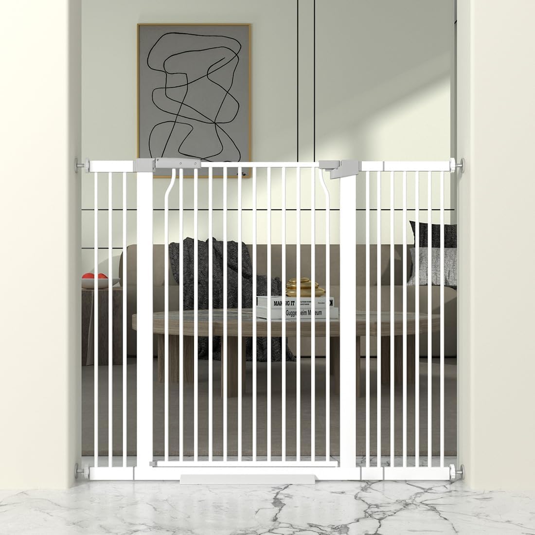 41" Extra Tall Cat Gate for Doorway, 49.2-54.7 Metal Pet Baby Safe Gate, Extra Wide Pressure Mounted Child Door with Expansion Kit, No Drilling No Climb Cat Fence Indoor, Tall Dog Gate, White