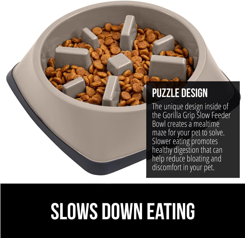 GORILLA GRIP® Patented BPA Free Slow Feeder Dog Bowls, Interactive Puzzle Toy for Dogs and Cats Food Training Enrichment, Keeps Pets Busy and Prevents Puppy Overeating, Small Breeds, 1 Cup, Gray