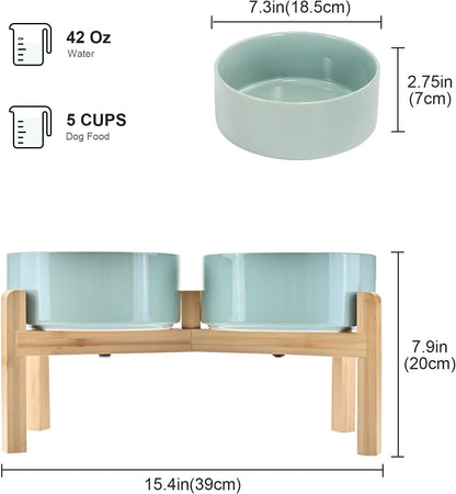SPUNKYJUNKY Elevated Dog Bowls Ceramic, 6.1'' Dogs and Cat Food Water Bowls Raised with Non-Slip Bamboo Stand for Medium Sized Breed Microwave Dishwasher Safe - 28.7 OZ,Beige