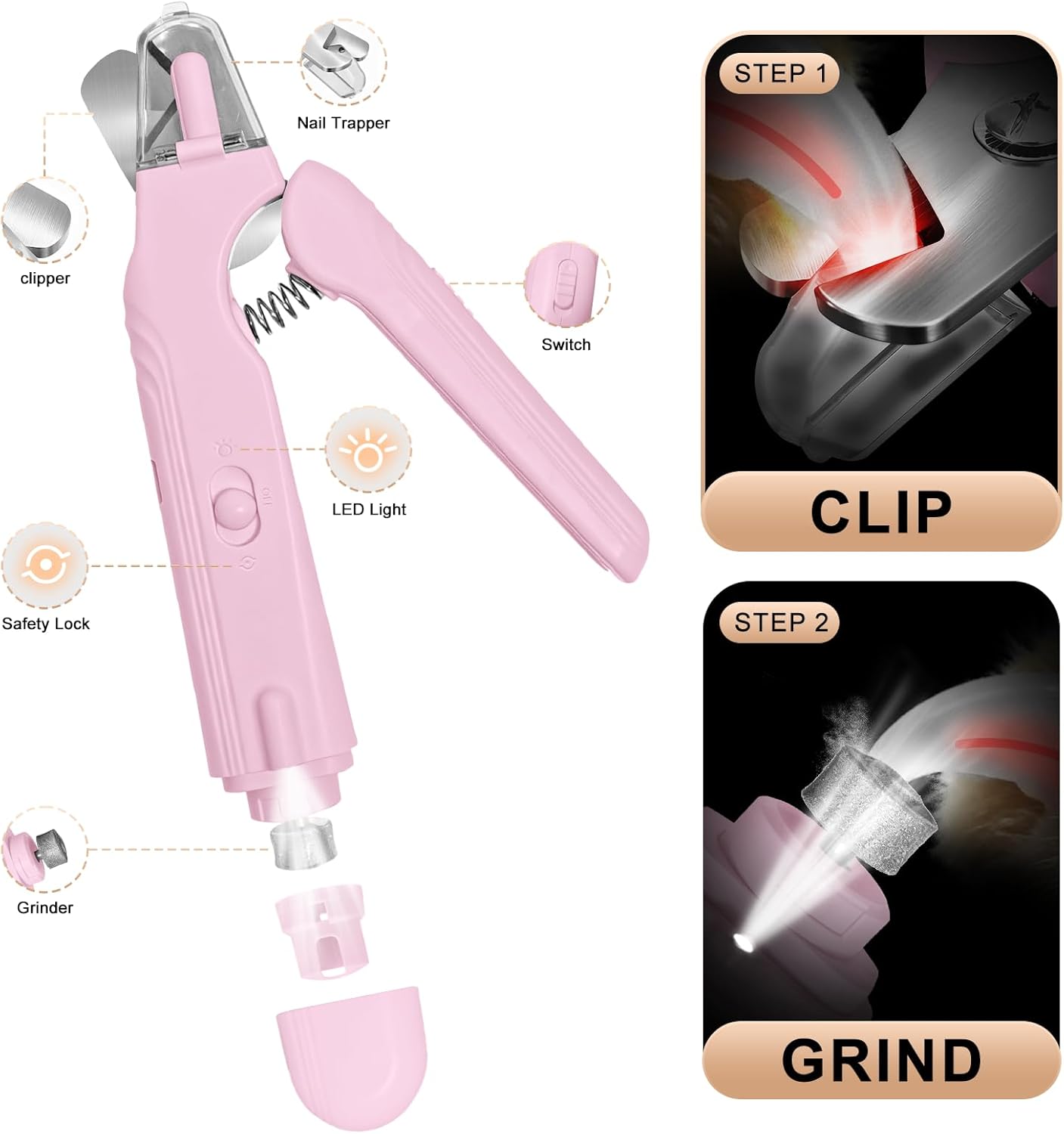 2-in-1 Dog Nail Clippers and Cat Nail Clippers with Light, Quick Sensor and Safety Guard, USB Rechargeable Pet Nail Trimmer with 2 LED Lights for Large Medium Small Dogs and Cats (White)