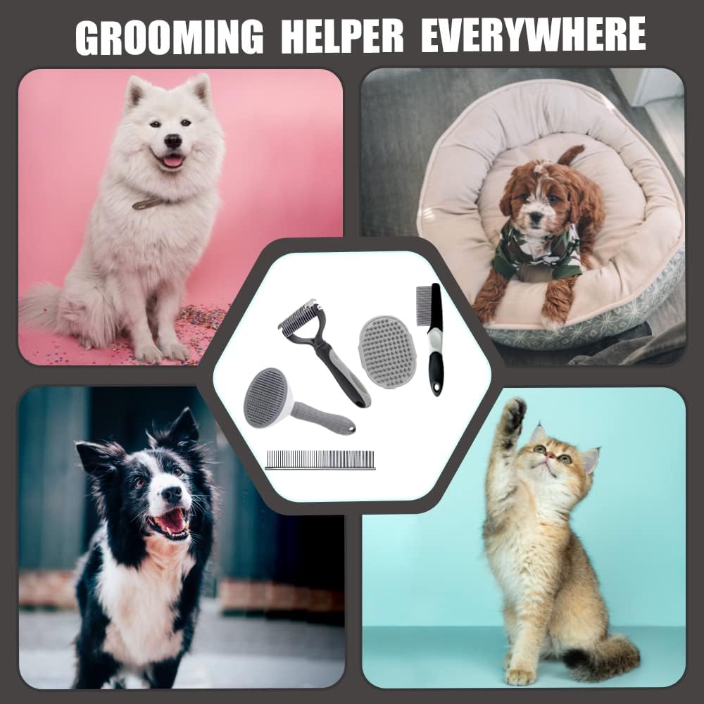 Dog Brush Grooming Kit 5PCS - Dog Brush for Shedding,Puppy Brush and Flea Comb for Dogs, Slicker Brush Comb and Dog Hair Brush Set Blue, Grooming at Home or Travel