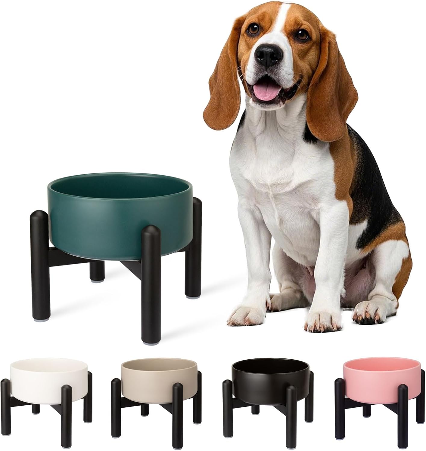 Raised Ceramic Dog Bowl Set - Elevated Double Dishes with Stainless Steel Stand - Food and Water Bowls for Small to Medium Dogs - Each Holds 3.5 Cups (29.57 fl oz) - White