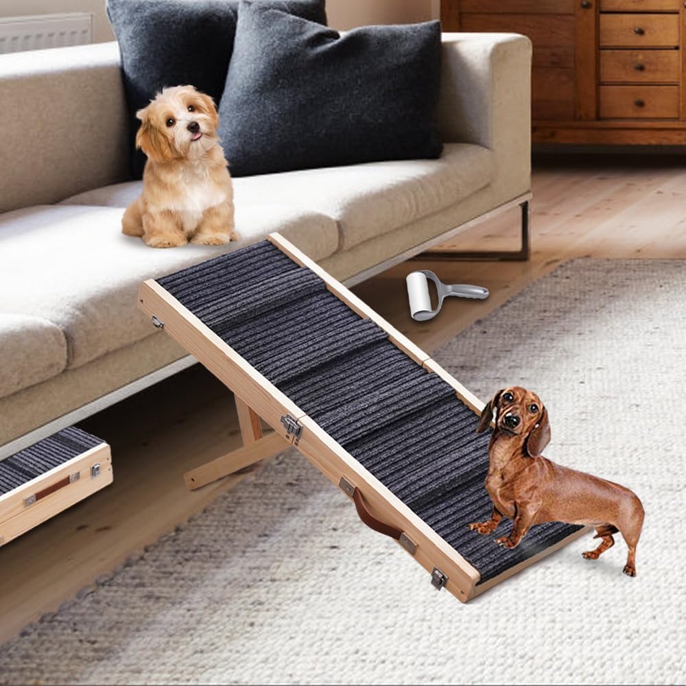 Adjustable Dog Ramp, Portable Folding Pet Ramp, 32" Long Wooden Pet Ramp for Bed with Non-Slip Traction Mat for Small Dogs, Dog Climbing Ladder for Sofa, Bed, Couch, Car (LGPT1, Gray)