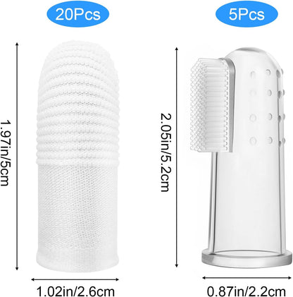 25Pcs Cat & Dog Toothbrush Soft Fabric Pet Finger Toothbrush Kit Washable & Reusable Oral Cleaning Wipes for Puppies Kittens at Home Dental Care (White and Clear)