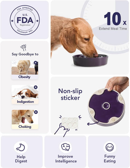 LE TAUCI Dog Bowls Slow Feeder Ceramic, 1.5 Cup Slow Feeding Bowl for Small and Medium Breed, Puzzle Dog Food Bowl for Fast Eater, Maze Purple