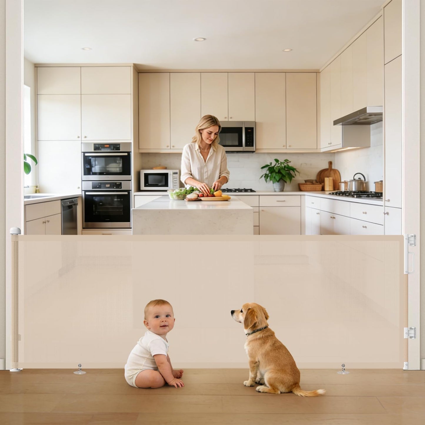 Retractable Baby Gate for Stairs & Doorways, Mesh Dog Gate Indoor Outdoor, Extends to 55" Wide 34" Tall Child Gate for Hallways, Deck, Porch, Pet Toddler Safety Essentials, Easy Install, Grey