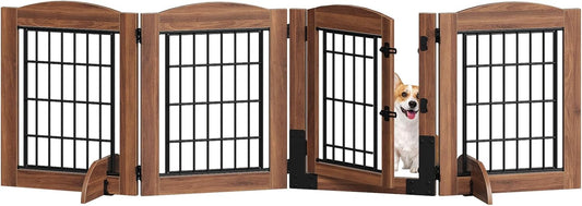 HOOBRO Dog Gate with Door Walk Through, 24.8'' Tall Freestanding Pet Gate with 2 Support Feet, Foldable Dog Fence Indoor, 360° Rotating Hinges, for Doorways, Stairs, Walnut BH85PP03