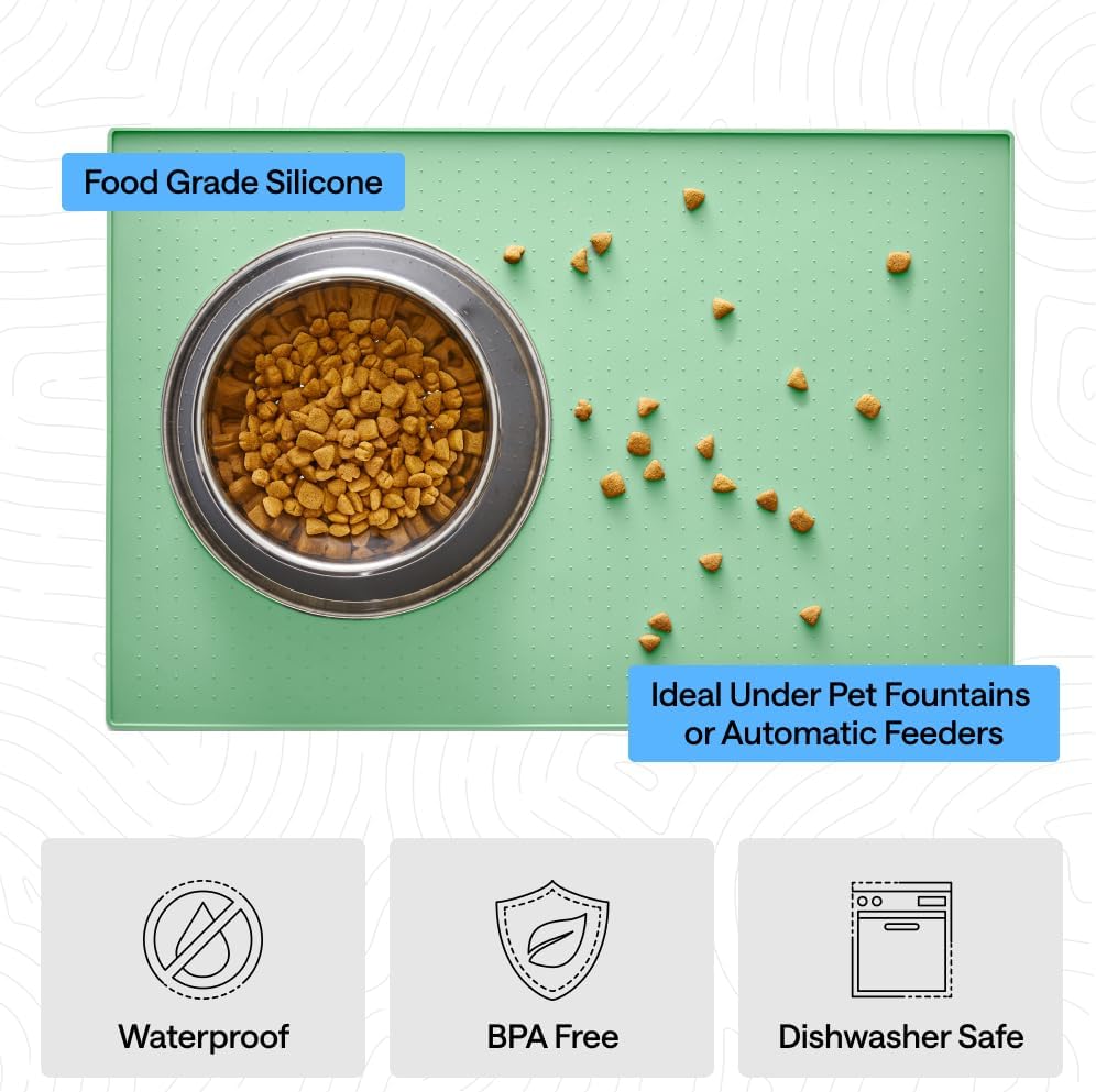 GORILLA GRIP 100% Waterproof Raised Edge BPA Free Silicone Pet Feeding Mat, Dog Cat Food Mats Contain Spills Protects Floors, Placemats for Cats and Dogs Water Bowl, 18.5x11.5, Gray