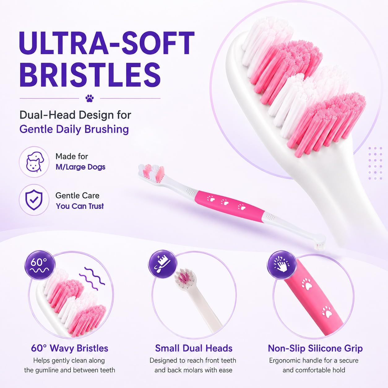 Dog Toothbrush – Newly Upgraded Dual-Head Design with 60° Wavy Bristles – Gently Surrounds Teeth for Deep Cleaning and Plaque Removal – Non-Slip Handle, Ideal for Daily Pet Dental Care (Pink, 1-Pack)
